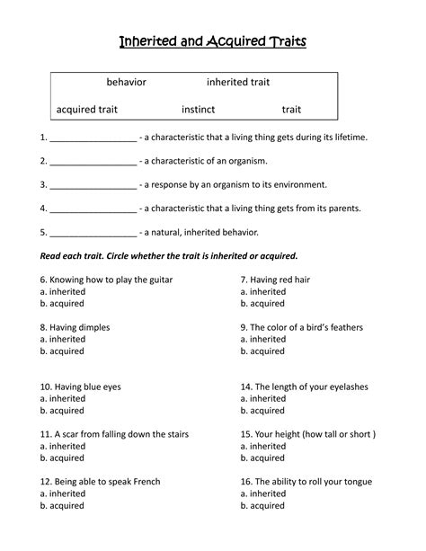 Inherited And Acquired Traits Worksheet - Templates Printable Free