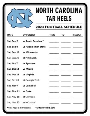 Printable 2023 North Carolina Tar Heels Football Schedule