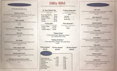 Menu at Dirty Bird restaurant, Morgantown