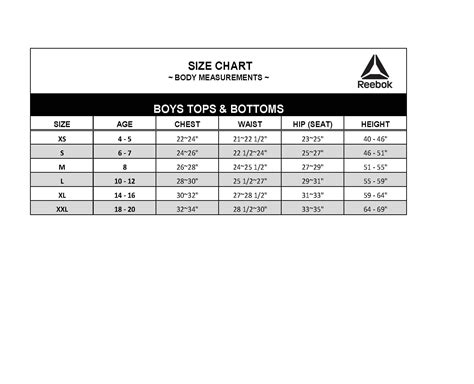 Reebok Football Jersey Size Chart