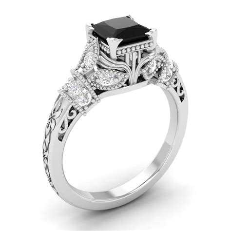 Black Diamond Engagement Ring 14K Gold RingWhite Gold