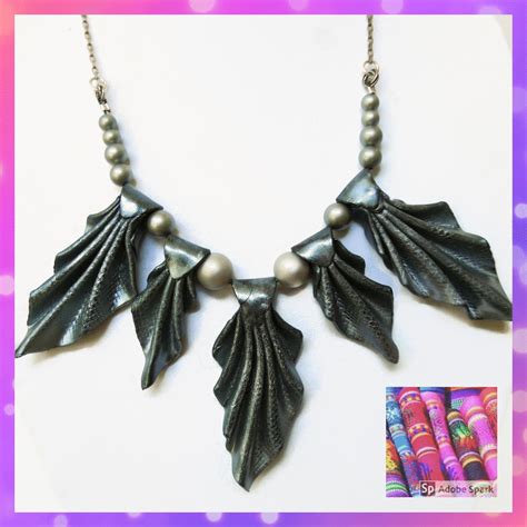 Gray fan handmade necklace | polymer clay jewelry | fanned leaf necklace #GrayFanDesign # ...