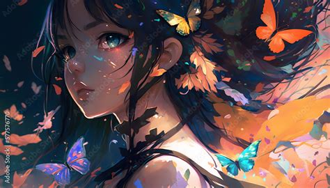 Colorful Butterfly Wings, An Anime Girl Illustration ilustração do Stock | Adobe Stock