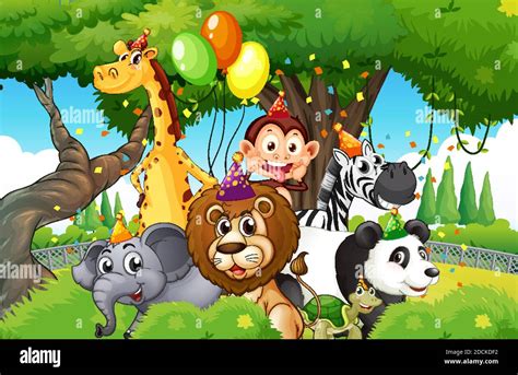 Wild animals with party theme in nature forest background illustration ...