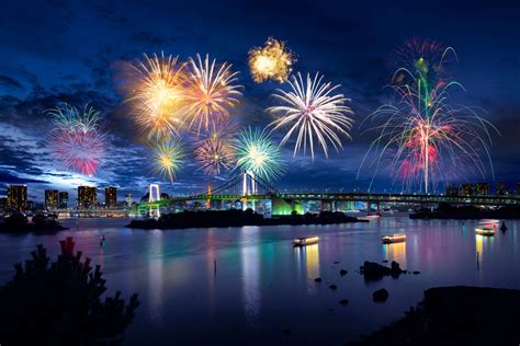 Tokyo bay city view and tokyo rainbow bridge with beautiful fireworks Custom Mural Wallpaper for ...