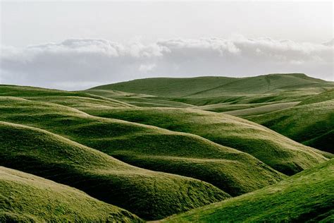 green grass field, nature, green, landforms, hills, sky, clouds, white, hill, landscape | Pxfuel