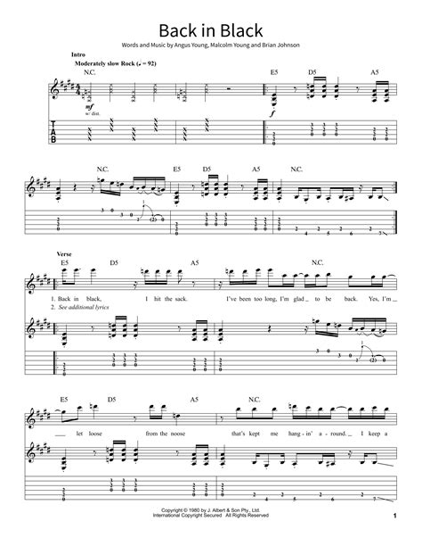 Back In Black by AC/DC Sheet Music for School of Rock – Guitar Tab at Sheet Music Direct