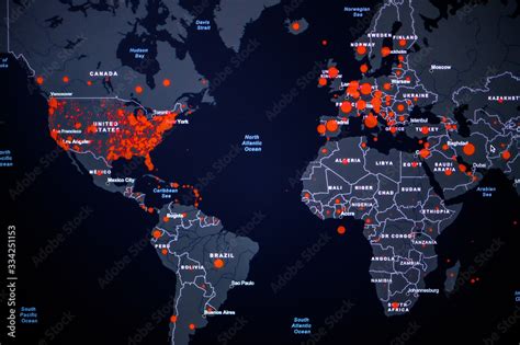 World Map. Coronavirus COVID-19 global cases Map. Red Point showing the number of infected ...