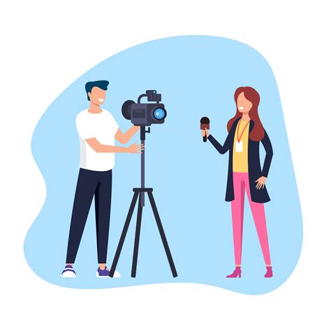 Woman reporter journalist making reportage. Social media TV show concept. Vector flat cartoon ...