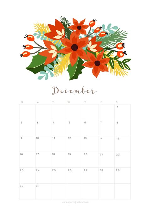 Printable December 2018 Calendar Monthly Planner - Floral Design - A Piece Of Rainbow