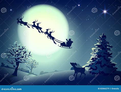 Santa Claus in Sleigh and Reindeer Sled on Background of Full Moon in Night Sky Christmas Stock ...