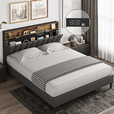 ADORNEVE Queen Size Platform Bed Frame, Modern Fabric Upholstered Bed with Power Strip and ...