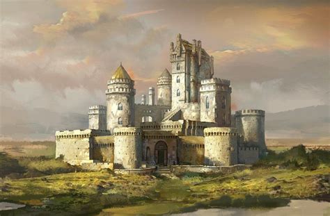 an artistic painting of a castle in the middle of nowhere