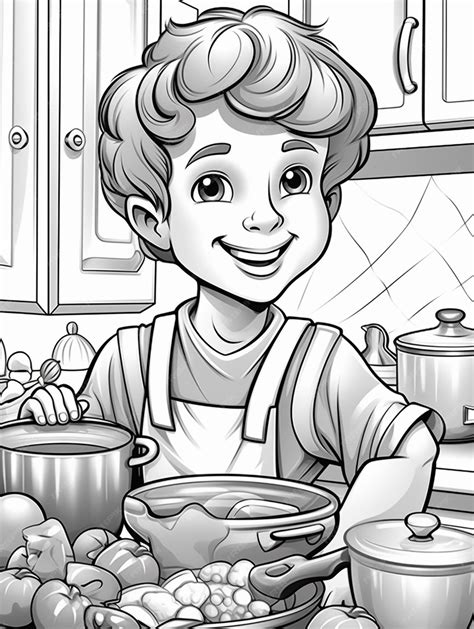 Premium Photo | Cartoon boy in apron preparing food in kitchen with pots and pans generative ai