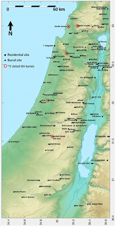 Southern Levant map indicating IBA settlements and burial grounds. Red ...