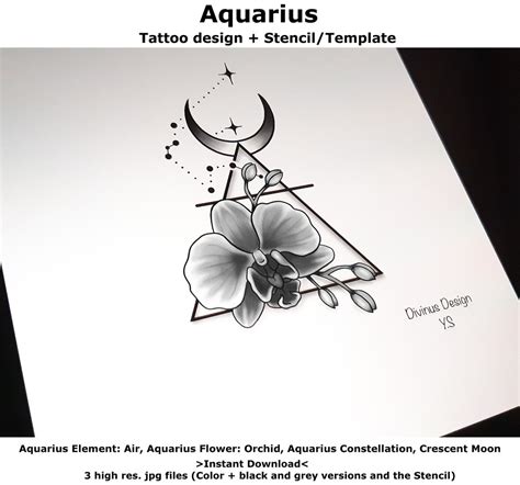 Aquarius Horoscope Flower Tattoo Tattoo Design and Tattoo Stencil/template Instant Digital ...