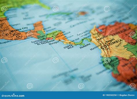 Costa Rica and Panama on a Map. Selective Focus on Label Stock Photo ...