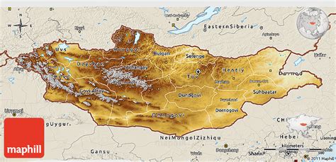 Physical 3D Map of Mongolia, shaded relief outside