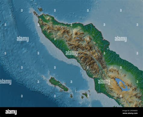 Aceh, autonomous province of Indonesia. Colored elevation map with ...