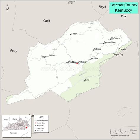 Map of Letcher County, Kentucky showing cities, highways & important ...