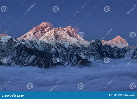 Beautiful Sunset Over Mount Everest Summit. Stock Image - Image of ...