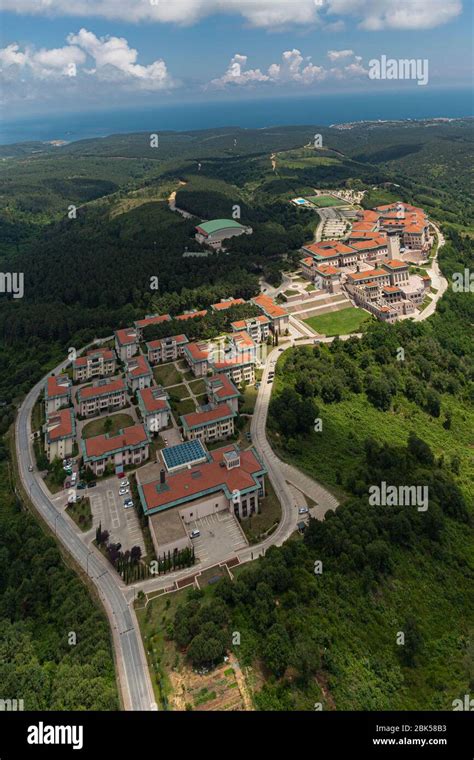 View of Koc University, from helicopter. Koc University, Rumeli feneri Campus Sariyer in ...