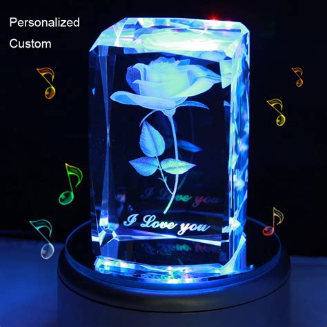 Music Box DIY Custom Crystal Engraved Rose Flower Colorful 3D Rotating Musical Boxes Romantic ...