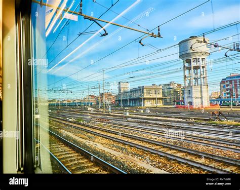 The railways catenaries of Milano Centrale train station. Milan, Lombardy, Italy. View through ...