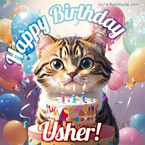 Happy birthday gif for Usher with cat and cake | Funimada.com