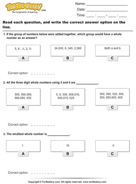 Identifying Whole Number | Turtle Diary Worksheet