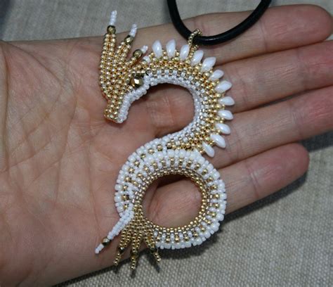 golden white dragon necklace, gold necklace seed bead necklace, dragon ...