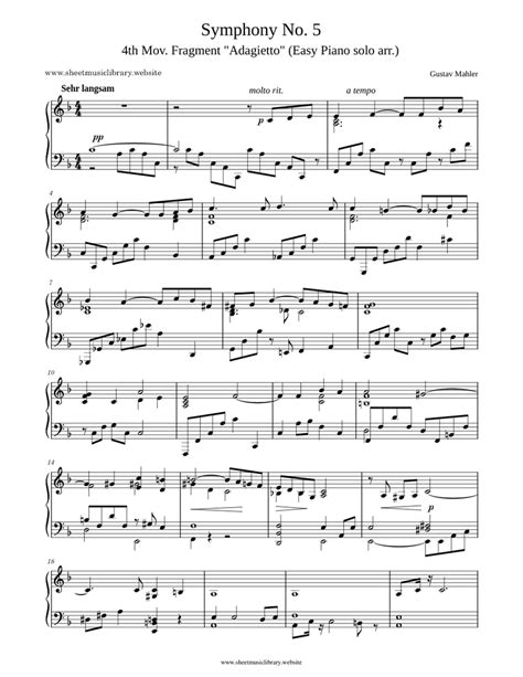 Symphony No. 5 - Adagietto Gustav Mahler (easy piano arr.) Sheet music for Piano (Solo ...