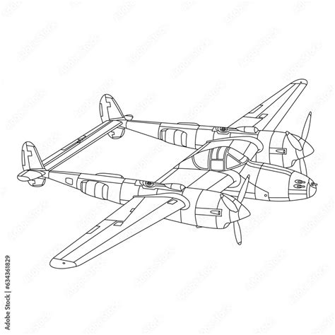 Lockheed P-38 Lightning Aircraft War World II Fighter Coloring Page. Military Airplane Vector ...