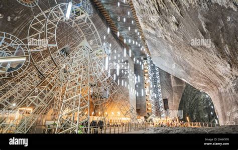 The underground theme park in a big salt mine Salina Turda, Turda in Romania, Transylvania ...