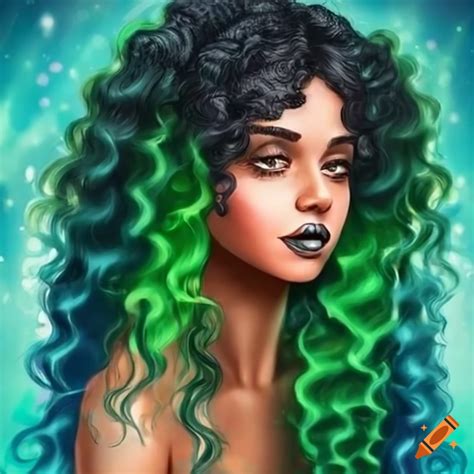 Art of a beautiful mermaid with black curly hair and green tail on Craiyon