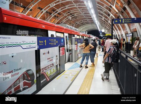 September 28, 2023. Jakarta, Indonesia. The atmosphere inside the Jakarta LRT station is ...