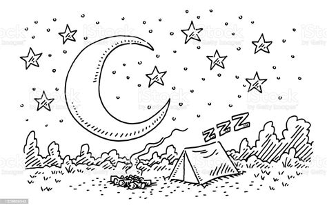 Camping Night Moon And Stars Over Tent Drawing Stock Illustration ...