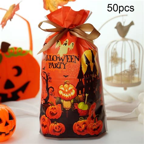 50pcs Halloween Candy Bags with Ribbons Cookie Packaging Cute Present Bag Halloween Party ...