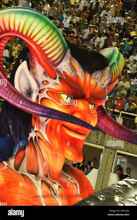 Devil face detail of amazing costumes of exhibitors and dancers on ...