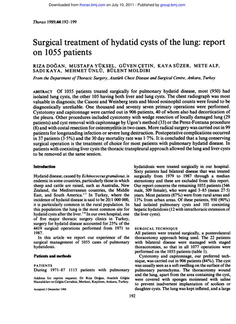 (PDF) Surgical treatment of hydatid cysts of the lung: Report on 1055 patient