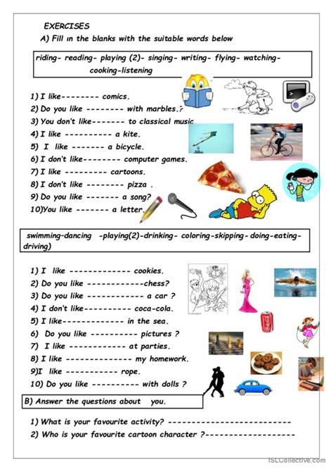 LIKE + VERB ing: English ESL worksheets pdf & doc