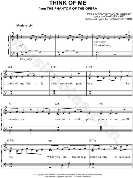 "Think of Me" from 'The Phantom of the Opera' Sheet Music (Easy Piano ...