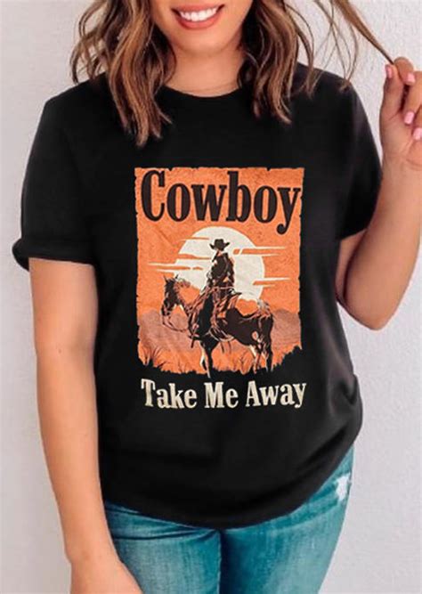 Cowboy Take Me Away O-Neck T-Shirt Tee - Black - Bellelily