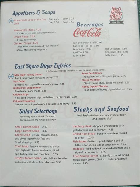 Menu at East Shore Diner restaurant, Harrisburg, Waterford Dr