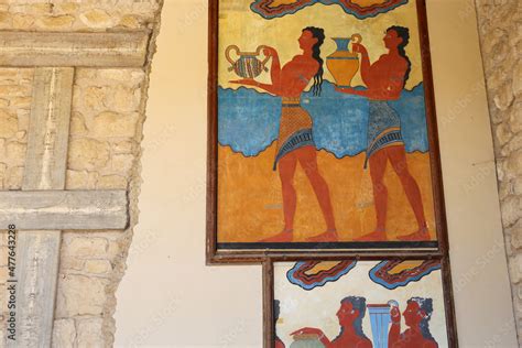 Minoan figures mural painting fresco at archaeological site of Knossos ...