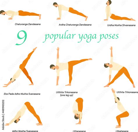 9 Yoga poses of a fit sporty man drawn in flat style. Yoga pose or ...