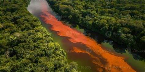 Photo realistic illustration of top view dron amazon river in the rain season. Adventure ...