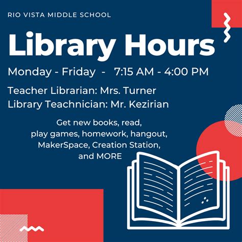 Library Hours & Calendar – Rio Vista Library – Rio Vista Middle School