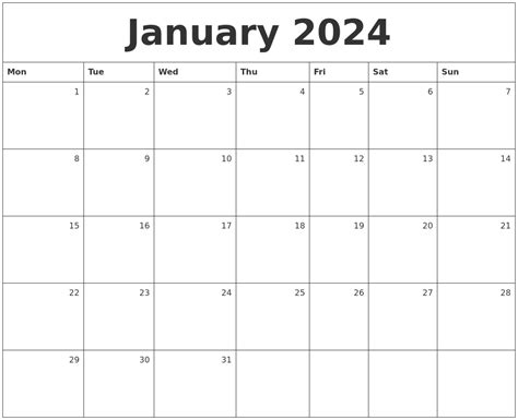 January 2024 Monthly Calendar