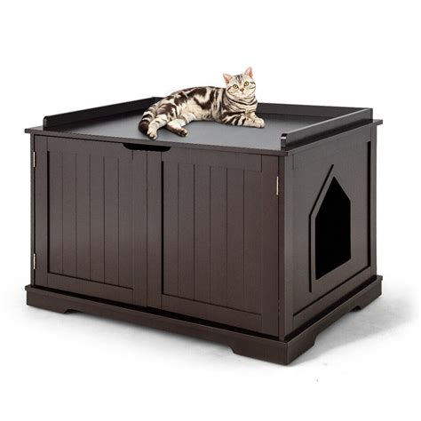 Gymax Cat Litter Box Wooden Enclosure Pet House Sidetable Washroom Storage Bench Brown | Walmart ...